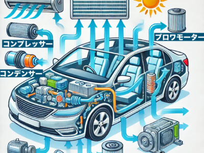 「車のエアコンシステムの図解。コンプレッサー、コンデンサー、ブロワーモーター、エアフィルターの各パーツが表示され、矢印で冷気の流れを示す。車内の快適な空気循環と冷房の重要性を説明するイラスト。」