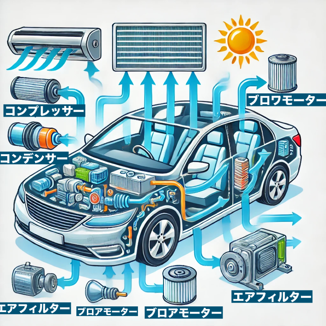 「車のエアコンシステムの図解。コンプレッサー、コンデンサー、ブロワーモーター、エアフィルターの各パーツが表示され、矢印で冷気の流れを示す。車内の快適な空気循環と冷房の重要性を説明するイラスト。」