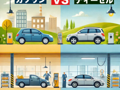 「日本での車選びの比較イラスト：ガソリン車とディーゼル車の違いを視覚的にわかりやすく表現。左側に都市を背景にしたガソリン車、右側に田園風景を背景にしたディーゼル車が並んでおり、燃費効率や環境への影響などの特徴がアイコンで表現されています。ディーゼルは日本で比較的安価な燃料であることから、長距離移動やコストパフォーマンスを重視するドライバーに向いています。整備ガレージ「Detailing Devils」が隣接し、プロフェッショナルなケアが車の寿命と外観を向上させる点も描かれています。」