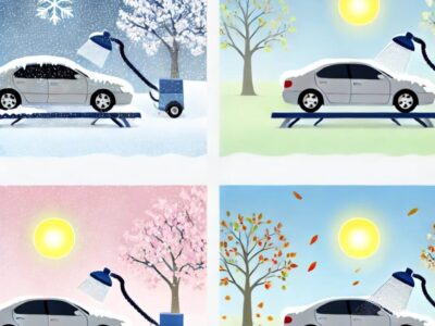 車を季節ごとにケアしている様子を描いたイラスト。冬は雪の中で洗車される車、春は桜の木の下で車内掃除が行われる様子、夏は明るい日差しの下で車を磨く場面、秋は落ち葉の中で車のメンテナンスを行う風景。それぞれが車の美しさと保護を強調し、柔らかな色合いで表現されています。