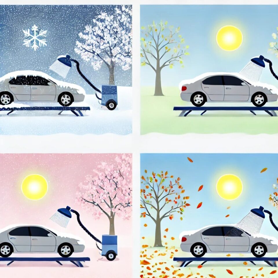 車を季節ごとにケアしている様子を描いたイラスト。冬は雪の中で洗車される車、春は桜の木の下で車内掃除が行われる様子、夏は明るい日差しの下で車を磨く場面、秋は落ち葉の中で車のメンテナンスを行う風景。それぞれが車の美しさと保護を強調し、柔らかな色合いで表現されています。