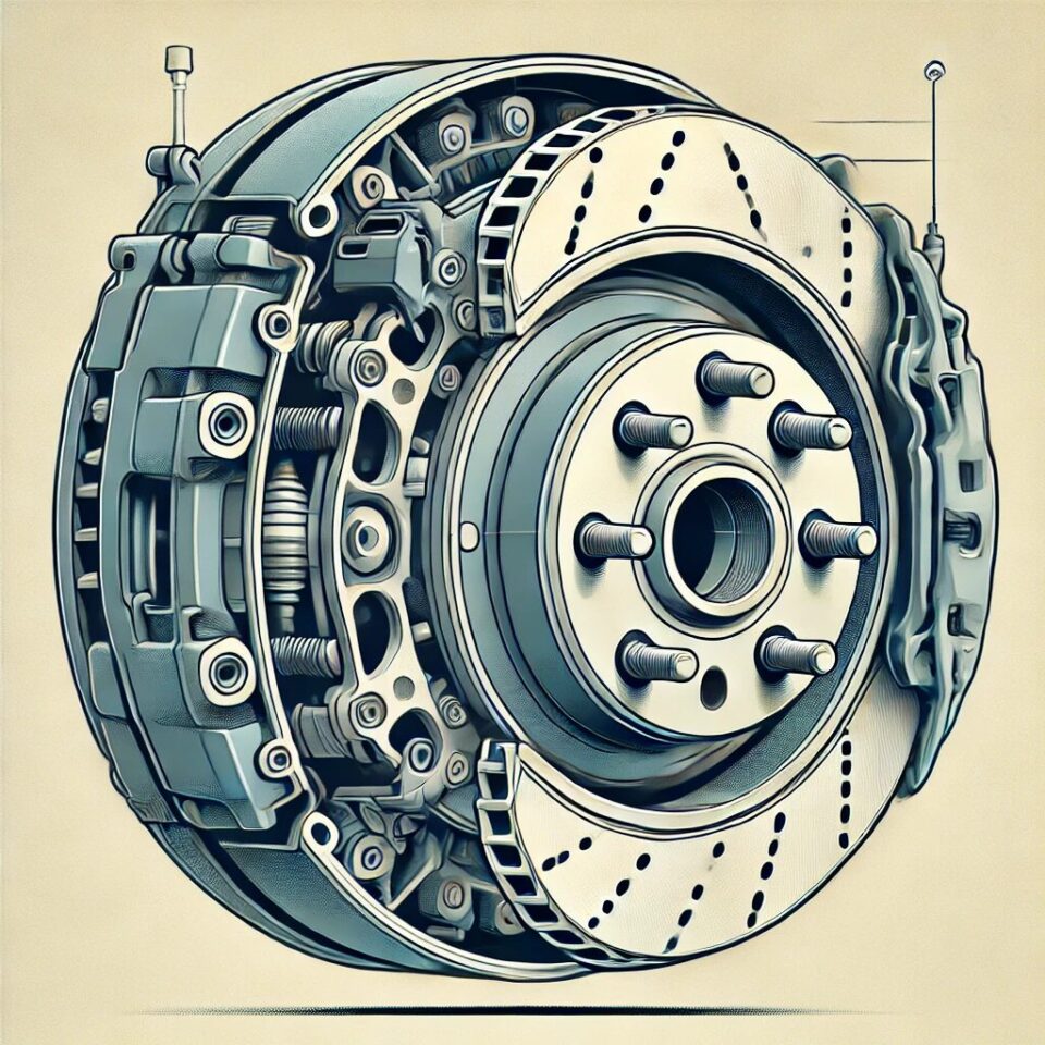 ドラムブレーキとディスクブレーキの詳細な比較イラスト。左側には密閉構造のドラムブレーキが描かれ、内部のブレーキドラムとブレーキシューが明確に表現されています。右側にはオープン構造のディスクブレーキがあり、ローター、キャリパー、ブレーキパッドがはっきりと描写されています。どちらも現代的で正確なスタイルでデザインされ、視覚的に2つのブレーキシステムの違いが一目でわかる内容。