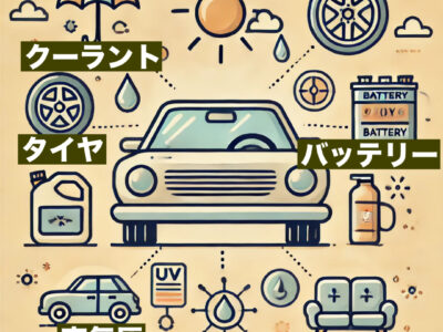 高温時の車メンテナンスを視覚的に示すイラスト。真夏の日差しの下にある車の周りに、各種メンテナンスのアイコンが配置されています。エンジン付近には冷却水チェックのアイコン、タイヤ付近には空気圧計、オイル交換を示すオイル缶、バッテリーを示すアイコンが描かれ、車の維持に必要なポイントが一目でわかります。また、車体ワックス、サンシェード、シートのUVプロテクト用スプレーもあり、外装と内装を守るためのケア方法を視覚化しています。暑さから車を保護し、長持ちさせるためのポイントをわかりやすく表現したイメージです。