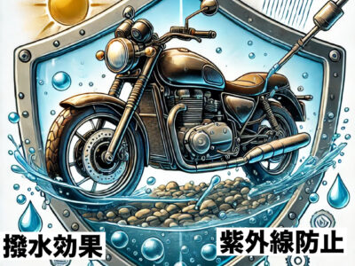 バイクのコーティング効果を表現したイラスト。バイクは透明な保護シールドに包まれており、紫外線、雨、泥、サビから守られている様子を描写。水滴や汚れが表面を滑り落ちることで防水・防汚効果が表現され、金属パーツには防錆効果が示されている。鮮やかな光沢を保つバイクの姿が、コーティングの重要性と耐久性向上のメリットを強調。