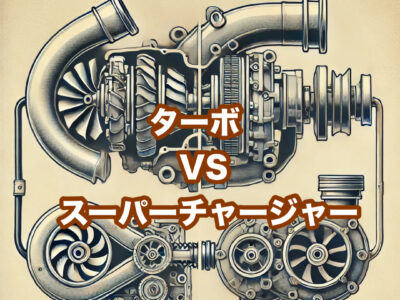 車のエンジン過給機におけるターボとスーパーチャージャーの仕組み比較図。左側にターボがエンジンに接続されており、排気ガスによってタービンが駆動される様子を示し、右側にはスーパーチャージャーがベルトでエンジンと直結されている構造を描写。シンプルで視覚的に分かりやすく、パワーアップ技術の違いを理解しやすいデザインです。車好きやエンジン性能向上を目指す方に最適な情報を提供します。