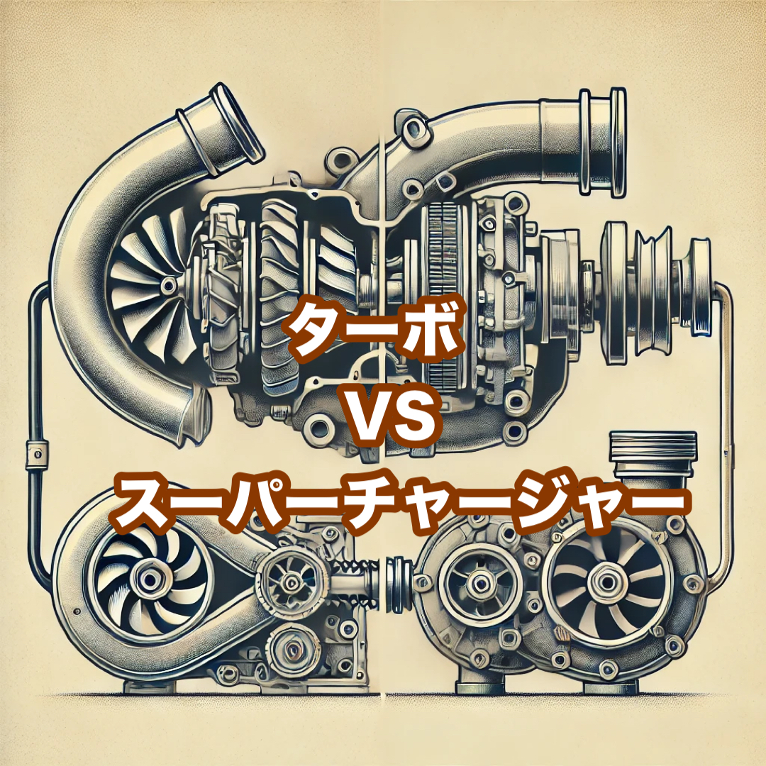 車のエンジン過給機におけるターボとスーパーチャージャーの仕組み比較図。左側にターボがエンジンに接続されており、排気ガスによってタービンが駆動される様子を示し、右側にはスーパーチャージャーがベルトでエンジンと直結されている構造を描写。シンプルで視覚的に分かりやすく、パワーアップ技術の違いを理解しやすいデザインです。車好きやエンジン性能向上を目指す方に最適な情報を提供します。