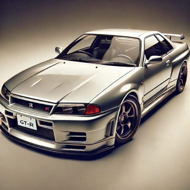 1995年から1998年式の日産スカイラインGT-R R33の斜め正面イラスト。特徴的な丸みを帯びたボディ、アイコニックなフロントグリル、空力的なデザインが際立って描かれている。背景はニュートラルで、車のパフォーマンス重視の美学に焦点を当てたリアリスティックな表現。