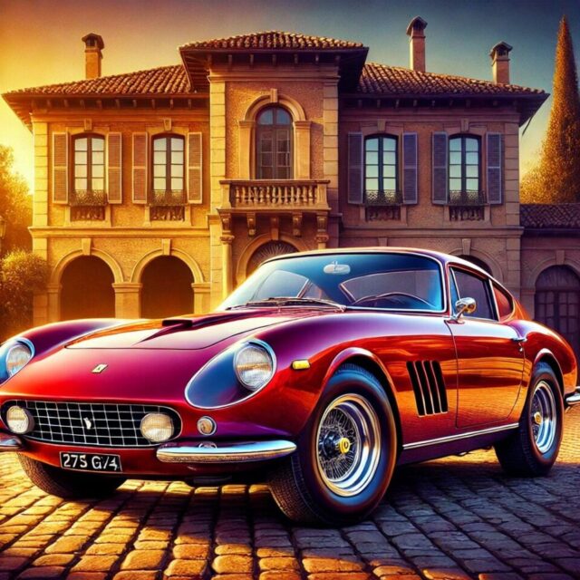 1967年製フェラーリ 275 GTB/4のデジタルイラスト。深みのある鮮やかな赤色のボディが特徴で、クラシックなヨーロッパのヴィラを背景に石畳の通りに優雅に佇む姿を描写。ロングフードと滑らかな曲線が際立ち、1960年代フェラーリのアイコニックなデザインを完璧に表現。ポリッシュされたクロームのディテール、ワイヤースポークホイール、そして窓越しに見える豪華な内装が細部まで再現されている。温かな夕陽の光が黄金色の輝きを加え、車のタイムレスなエレガンスと魅力を一層引き立てています。