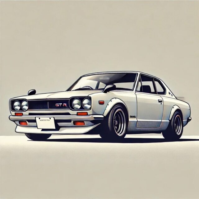 1970年式初代日産GT-R（ハコスカ）の斜め正面イラスト。クラシックなボクシーデザイン、丸型ヘッドライト、洗練されたプロファイルが三方向から見えるアングルで描かれている。背景はニュートラルで、タイムレスなレトロ美学と日本の伝説的なスポーツカーとしての地位を強調。