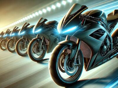 2024年の世界最速バイクをテーマにしたイラスト。未来的かつ現代的なデザインが融合したスーパーバイクがレーストラック上に勢揃いし、スピードと力強さを表現するシーン。エアロダイナミックなカウル、鋭いフォルム、大型タイヤ、光るヘッドライトが特徴のバイクが並び、背景にはスピード感を強調するブラー加工が施されたトラックが描かれている。