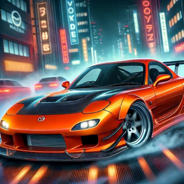 映画『ワイルド・スピード TOKYO DRIFT』でハンが愛車として使用するオレンジとブラックのマツダRX-7を描いたイラスト。VeilSideボディキットにより、張り出したフェンダー、洗練されたフロントバンパー、大型リアウィングが装備されている。ネオンに彩られた都会の夜景の中でドリフトする躍動感あふれるシーン。光沢のあるオレンジとブラックの塗装がライトに映え、低い車高と空力的なデザインが強調されている。ストリートレース文化のエレガンスとパワーを体現した構図。