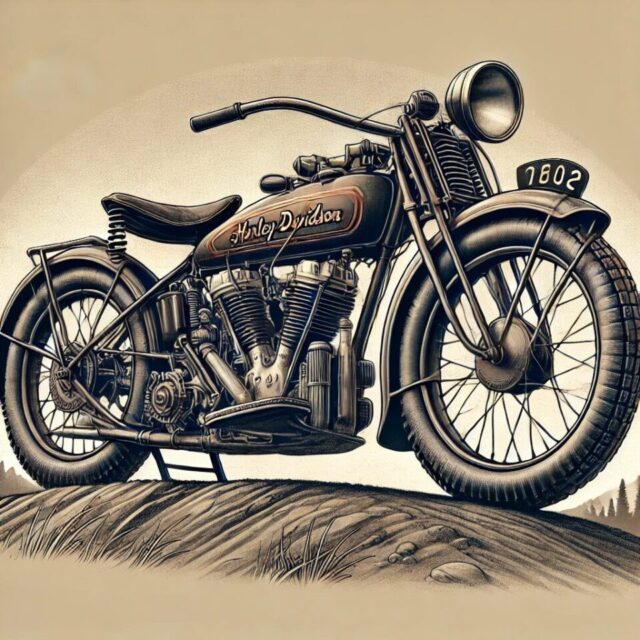 1930年代の伝説的なハーレーダビッドソンDAHを描いた詳細なイラスト。750cc OHVエンジンを搭載し、ヒルクライム競技用に設計されたクラシックバイクが、険しい斜面を背景に、ヴィンテージの美しさと機械的な精巧さを強調している。希少なモデルの特長であるユニークなフレームやエンジン構成が際立つ芸術的な作品。