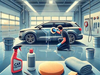 DIY車コーティングの手順を示すイラスト。ガレージ内で手袋をはめた人物がスポンジを使い、輝く車の表面に均一にコーティングを塗布している様子。周囲にはマイクロファイバークロスやコーティング剤スプレーボトルなどの整頓されたツールが配置され、プロフェッショナルな雰囲気を感じさせる環境が描かれている。