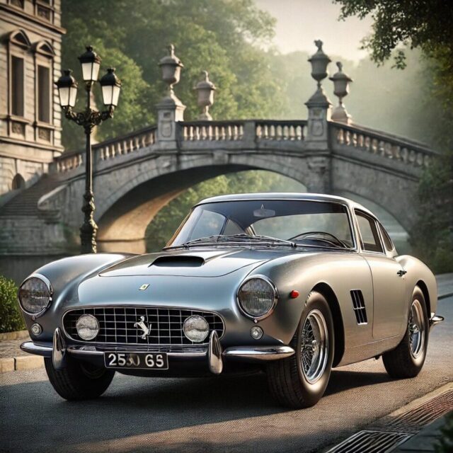 1963年製フェラーリ 250 GT ベルリネッタ ルッソのデジタルイラスト。クラシックなシルバーグレーのボディが優雅さを引き立て、静かなヨーロッパの街並みに佇む姿を描写。背景には石造りの橋と豊かな緑が広がり、車の持つスポーティかつラグジュアリーな魅力を一層際立たせています。滑らかな曲線美と特徴的なフロントグリルが強調され、ポリッシュされたクロームアクセントやワイヤースポークホイール、精巧なヘッドライトなどが細部までリアルに再現されています。柔らかな朝の光が車全体を包み込み、洗練された雰囲気を醸し出しています。