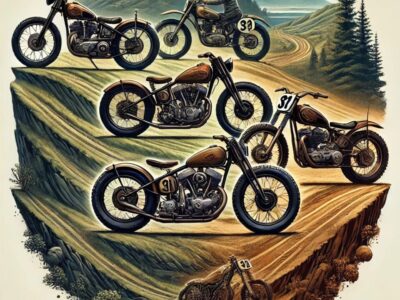 ハーレーダビッドソンの象徴的な3モデル（DAH、EL Knucklehead、XR750）を組み合わせた純粋なイラスト。DAHは険しい斜面でのヒルクライム、EL Knuckleheadは静かなヴィンテージアウトドア、XR750はダイナミックなダートトラックのシーンに配置され、それぞれのデザイン、エンジン、時代を象徴する特徴が美しく表現されている。