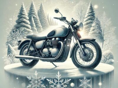 冬の静かな雪景色の中に佇むバイクのイラスト。繊細な雪が周囲に舞い降り、バイクは清潔で美しく、光に包まれている。背景には雪で覆われた木々と穏やかな冬の空が広がり、バイクの冬支度や冬季メンテナンスの重要性を象徴する視覚的ビジュアル。