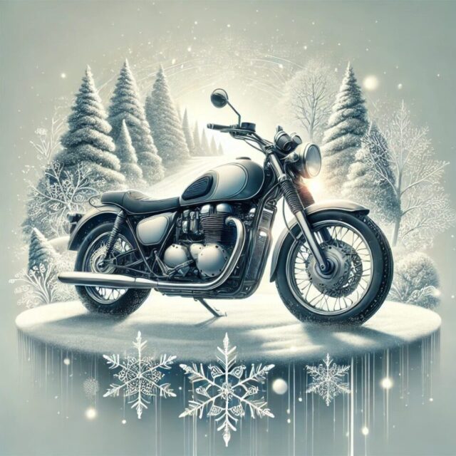 冬の静かな雪景色の中に佇むバイクのイラスト。繊細な雪が周囲に舞い降り、バイクは清潔で美しく、光に包まれている。背景には雪で覆われた木々と穏やかな冬の空が広がり、バイクの冬支度や冬季メンテナンスの重要性を象徴する視覚的ビジュアル。