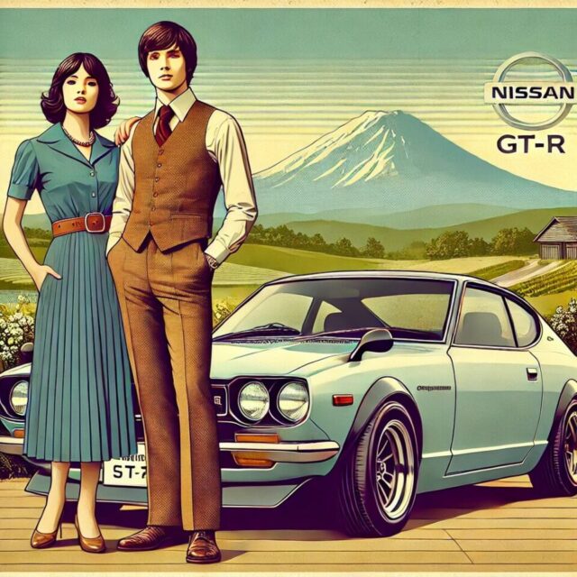 1973年式日産ケンメリGT-Rの広告キャンペーンから着想を得たレトロスタイルのイラスト。1970年代のファッションに身を包んだ若いカップルが、スリークなケンメリGT-Rの横に立つ。背景には山や緑の風景が描かれ、ノスタルジックでロマンチックな雰囲気が漂う。日本のクラシックスポーツカーとしての魅力を強調した構図。