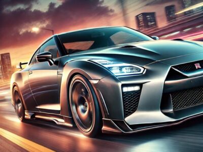 日産GT-R（R35）が疾走するダイナミックなイラスト。メタリックグレーのボディが夕焼けの空を背景に高速道路を走る様子を描写。流れるようなエアロダイナミクスデザイン、精巧なヘッドライト、特徴的なクアッドエキゾーストが際立ち、GT-Rのスピードとパワーを象徴しています。背景にはぼんやりとした街の光と山々のシルエットが描かれ、GT-Rの多用途性と先進技術を強調。