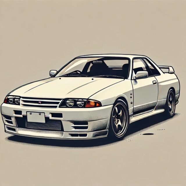 3代目日産GT-R（1989-1994年）のイラスト。R32スカイラインGT-Rとして知られるこのモデルは、ボクシーなデザイン、鋭いヘッドライト、空力的な特徴が際立つ。ミニマリストなスタイルで描かれ、背景はニュートラル。日本のスポーツカーの象徴的な存在感を強調。