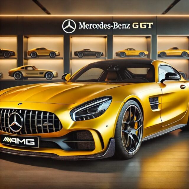 2017年メルセデス・ベンツ AMG GT イエロー、標準ドア仕様。ロングノーズと低くワイドなスタンス、アグレッシブなフロントグリル、AMGバッジ、滑らかなボディラインを備えた高性能スーパーカー。ショールームクオリティの美しい仕上がりで、モダンデザインとパフォーマンスの両立を強調。