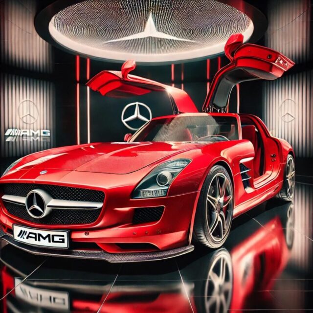 2010年メルセデス・ベンツ SLS AMG レッド、アイコニックなガルウィングドアを開いた状態で展示。ロングフードデザイン、アグレッシブなフロントグリル、AMGバッジ、クロームアクセントを備えた高性能スーパーカー。ショールーム品質の美しい仕上がりで、クラシックなデザインと高級感を強調。