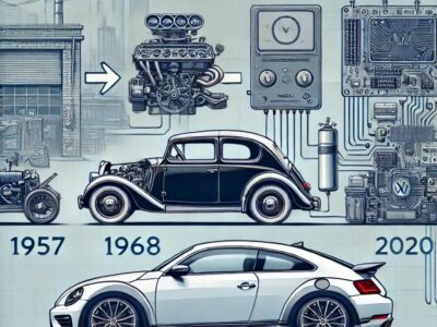 車のコンピューター技術の進化を描いた純粋なイラスト。1957年のヴィンテージカーのシンプルな機械式エンジン、1968年の電子燃料噴射システムを搭載したフォルクスワーゲン・タイプIII、2020年代の高度なオンボードコンピューターを搭載した現代車が順に描かれている。背景はクラシックな作業場から未来的な都市景観に移行し、技術の進化と車のデザイン変化を象徴的に表現している。