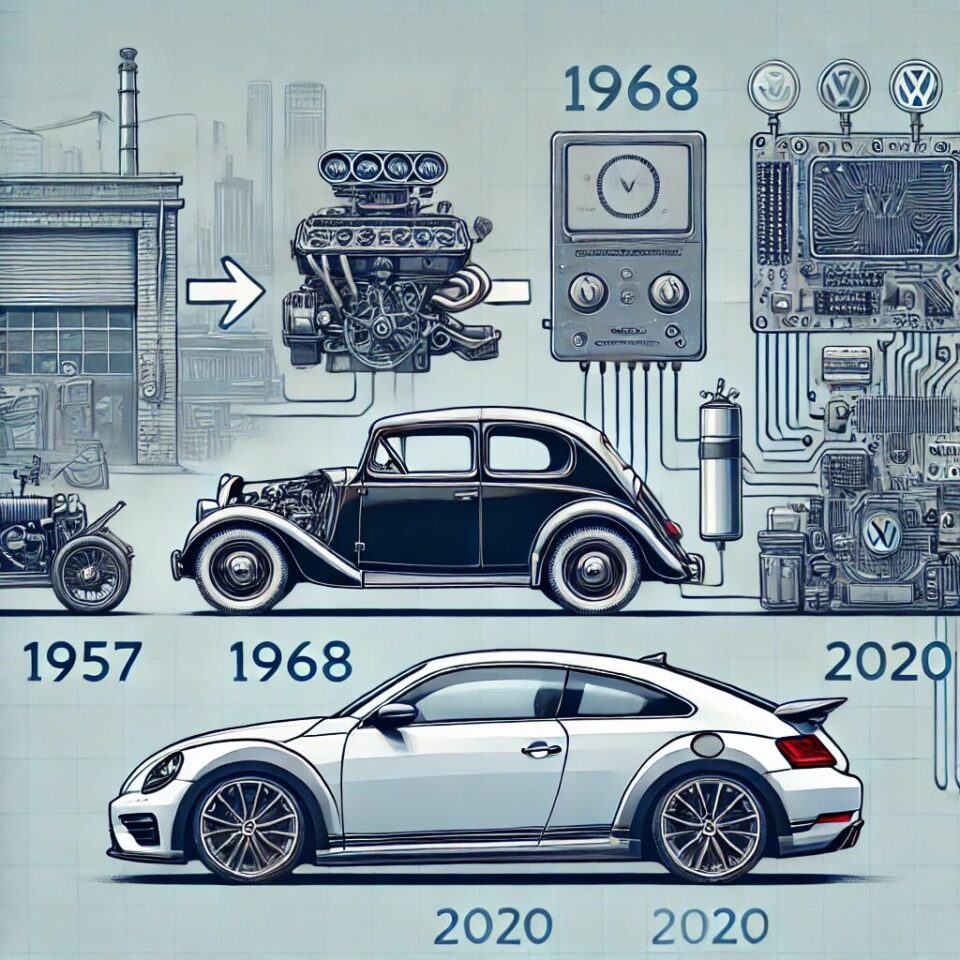 車のコンピューター技術の進化を描いた純粋なイラスト。1957年のヴィンテージカーのシンプルな機械式エンジン、1968年の電子燃料噴射システムを搭載したフォルクスワーゲン・タイプIII、2020年代の高度なオンボードコンピューターを搭載した現代車が順に描かれている。背景はクラシックな作業場から未来的な都市景観に移行し、技術の進化と車のデザイン変化を象徴的に表現している。
