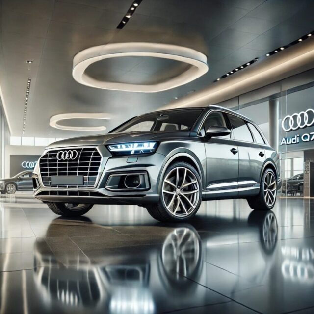 アウディ Q7 SUV（Audi Q7 SUV）の高級ショールーム展示。メタリックグレーボディに、象徴的なアウディのシングルフレームグリル、LEDヘッドライト、大型プレミアムアルミホイールを装備。広々としたボディデザインがファミリー向けの高級感と実用性を強調し、磨き上げられたショールームフロアがエレガントな車両の美しさを引き立てている。