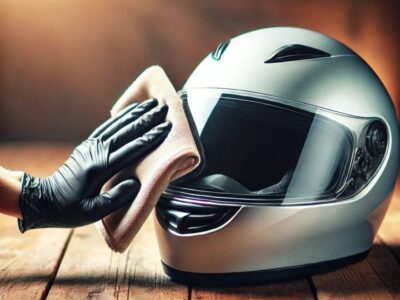 マイクロファイバークロスで丁寧に磨かれるバイクヘルメットの高品質なイラスト。ヘルメットは木製の作業台の上に置かれ、背景はガレージやプロフェッショナルなコーティング作業場を連想させる柔らかなボケ感。清潔さとメンテナンスの重要性を視覚的に強調したビジュアル。