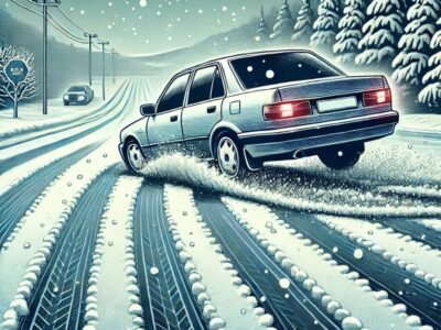 雪道を走行中の後輪駆動車。後輪がスリップしている様子が描かれ、車の後部から見たタイヤ跡や雪に覆われた木々が背景にある。滑りやすい冬道での運転の困難さを視覚的に示している。