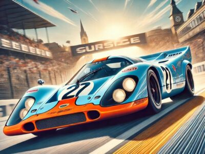 クラシックなポルシェ917Kが、伝説的なヨーロッパのサーキットを疾走する様子を描いたイラスト。鮮やかなブルーとオレンジのガルフカラーをまとった車体が、曲がりくねる道と歓声を上げる観客の背景の中、速度感あふれる動きで表現されています