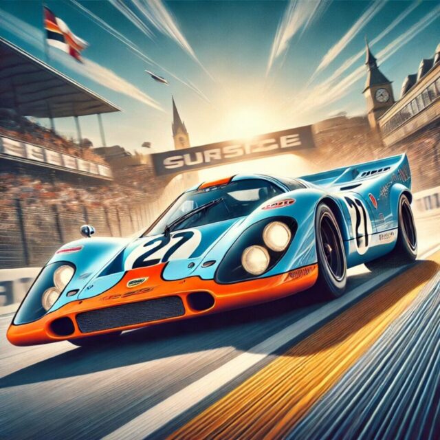 クラシックなポルシェ917Kが、伝説的なヨーロッパのサーキットを疾走する様子を描いたイラスト。鮮やかなブルーとオレンジのガルフカラーをまとった車体が、曲がりくねる道と歓声を上げる観客の背景の中、速度感あふれる動きで表現されています