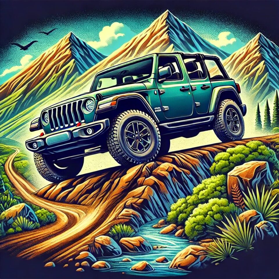 ジープ・ラングラーがオフロード環境を走行するシーンのイラスト。 ruggedな山々や緑豊かな自然、未舗装のトレイルを背景に、取り外し可能なドアとトップの特徴が際立つラングラーが描かれています。岩場を登る姿が、ラングラーの冒険心と多用途性を強調しており、アウトドアやオフロード好きにアピールするビジュアルです。