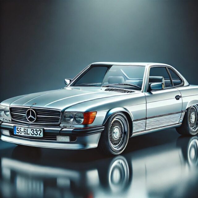 1992年メルセデス・ベンツ SL500 (R129) シルバー、標準ドア装備。クラシックで洗練されたロングフードデザイン、滑らかなボディラインとクロームアクセントを備え、ショールーム品質の美しい仕上がり。高級感と時代を超えたデザインが際立つ。