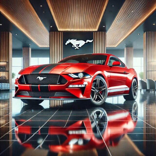 クラシックレッドのフォード マスタング（Ford Mustang）が高級ショールームに展示されている様子。太めのレーシングストライプが施されたボディ、ワイドなスタンス、力強いフロントグリルが特徴的。磨き上げられたショールームフロアがボディの鮮やかなカラーを反射し、アメリカンマッスルカーの象徴であるパワフルなデザインと走行性能を強調している。