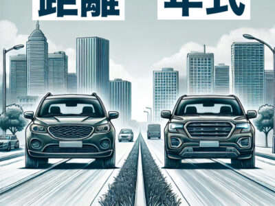 中古車の走行距離と年式の比較を視覚的に表現したイラスト。1台は新しい年式の車で適度な走行距離、もう1台は古い年式の車で低走行距離を示している。背景には都市環境（市街地走行を象徴）と高速道路（長距離走行を象徴）の要素が組み込まれ、車両の状態の違いを強調したクリーンでプロフェッショナルなデザイン。