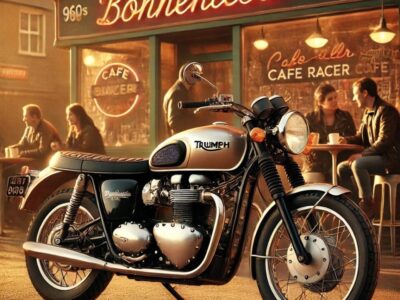 Triumph Bonneville バイクがレトロなカフェの前に停車し、1960年代のカフェレーサー文化を再現。クロームが輝くタンク、ブラックレザーシート、アイコニックなトライアンフロゴが特徴。背景にはネオンが光るクラシックなカフェとライダージャケットを着たバイカーたち。夕焼けの光が長い影を落とし、ボンネビルの伝説的な存在感とカフェレーサー文化とのつながりを映し出す。