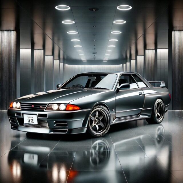 1989年式 日産スカイライン GT-R R32（ガンメタルグレー）が高級ショールームに展示された美しいシーン。ボクシーなデザイン、大型リアウィング、特徴的な丸形テールライトを備えた伝説のJDMスポーツカー。ポリッシュされた床に映るシルエットが攻撃的なスタンスを際立たせ、間接照明がボディラインを美しく強調。モータースポーツを席巻し、パフォーマンスの新基準を築いた日本の名車のオーラを感じさせる完璧な一台。