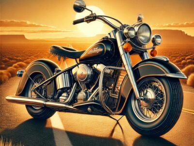 夕焼けのハイウェイに停車するヴィンテージアメリカンバイクのリアルなイラスト。クロームとブラックの車体が温かみのある光に照らされ、クラシックなティアドロップ型燃料タンク、大きなフェンダー、低いシートが際立つ。広がる砂漠の道が自由と冒険の雰囲気を演出する。