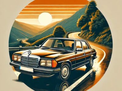 メルセデス・ベンツ W124 クラシックカーが夕暮れの山道に停車。美しく磨かれたボディが夕日を反射し、長年のメンテナンスによる輝きを放つ。背景には曲がりくねった道と緑豊かな景色が広がり、ノスタルジックなドライビング体験を演出。自動車愛好家やコレクター向けのエレガントなビジュアル。