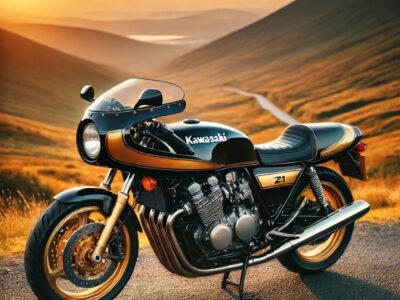 夕焼けに照らされる美しくレストアされたKawasaki Z1。光沢のあるブラックとゴールドのボディが輝き、山道のワインディングロードを背景にクラシックな雰囲気を演出。ヴィンテージバイクの魅力を引き出すリアルな質感と、風景との調和が特徴。