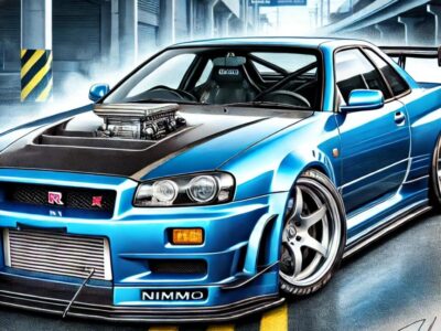 映画『ワイルド・スピード MAX』（Fast & Furious 4）でポール・ウォーカーがカスタムしたNissan R34 Skyline GT-Rの精密イラスト。Bayside Blueのボディカラー、フロントマウントインタークーラー、Nismoローダウンサス、カスタムバンパー＆サイドスカートを装備。映画のスピード感を再現したシネマティックな都市背景とモーションブラーが特徴。最強のGT-Rチューニングカーの美しさと迫力を完全再現。