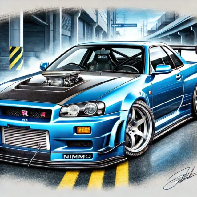 映画『ワイルド・スピード MAX』（Fast & Furious 4）でポール・ウォーカーがカスタムしたNissan R34 Skyline GT-Rの精密イラスト。Bayside Blueのボディカラー、フロントマウントインタークーラー、Nismoローダウンサス、カスタムバンパー＆サイドスカートを装備。映画のスピード感を再現したシネマティックな都市背景とモーションブラーが特徴。最強のGT-Rチューニングカーの美しさと迫力を完全再現。