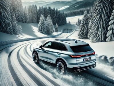 雪山のワインディングロードを走行する最新SUV。AWD（全輪駆動）の性能を発揮し、凍結したカーブを安全に走り抜ける様子。周囲には雪に覆われた木々が広がり、冬の厳しい環境でのトラクションの重要性を強調。晴天の下、太陽光が雪面に反射し、クリアで臨場感のある冬景色を演出。