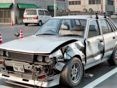 日本の駐車場に停められた事故歴のある車。ボディには目立つヘコみや傷、ずれたバンパーがあり、過去の修理歴が確認できる。背景はシンプルで、車両の状態が明確に分かる構図。事故車の売買や修復歴あり車の査定・コーティングに関する記事に適したビジュアル。