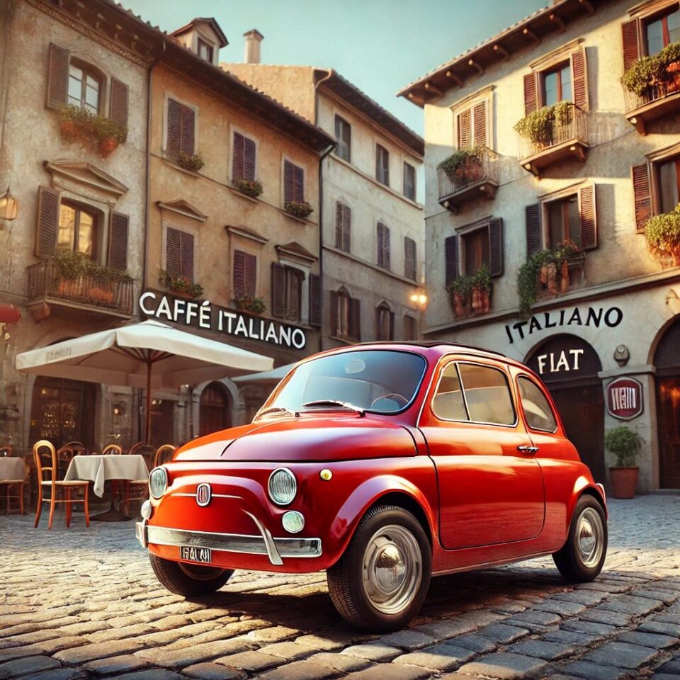 フィアット500（Fiat 500）のクラシックモデルがイタリアの石畳の街並みに佇む風景。光沢のある赤いボディが太陽に照らされ、背景にはヨーロッパ調のカラフルな建物と、‘Caffè Italiano’の看板を掲げたカフェのテラス席が広がる。コンパクトで愛らしいデザインが際立ち、イタリアンライフスタイルとクラシックカーの魅力を象徴する美しいワンシーン。