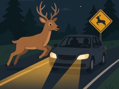 夜間の道路で鹿が車の前に飛び出す瞬間を描いたイラスト。ヘッドライトに照らされた鹿と野生動物注意の標識が、山間部での衝突リスクを示すビジュアル。車と野生動物の衝突事故を警告するSEO対策に最適な画像