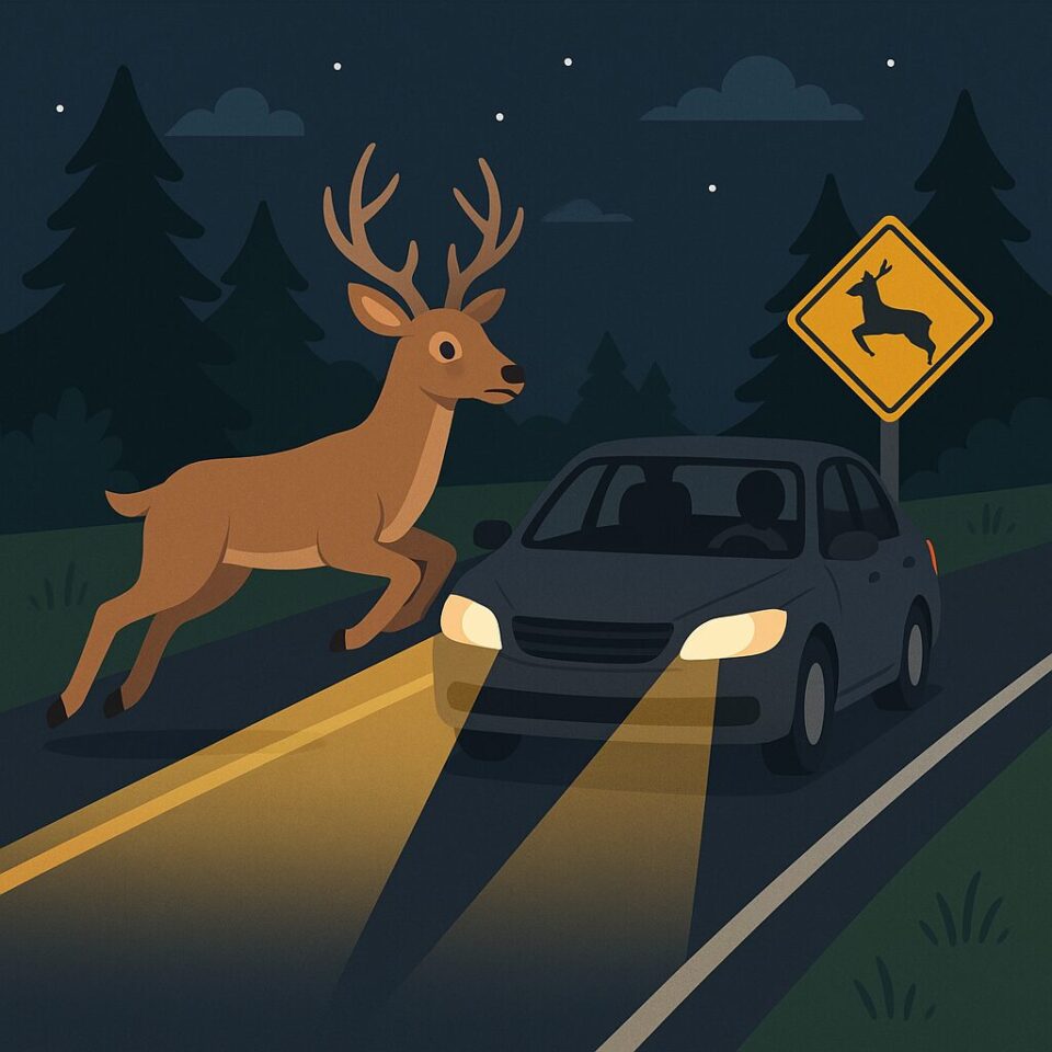 夜間の道路で鹿が車の前に飛び出す瞬間を描いたイラスト。ヘッドライトに照らされた鹿と野生動物注意の標識が、山間部での衝突リスクを示すビジュアル。車と野生動物の衝突事故を警告するSEO対策に最適な画像