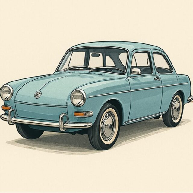 1968年式フォルクスワーゲン・タイプ3のサイド＆フロントが見えるデジタルイラスト。レトロなデザインとクロームのディテールが際立つクラシックカーのビジュアル。旧車・ヴィンテージカー愛好家向け。